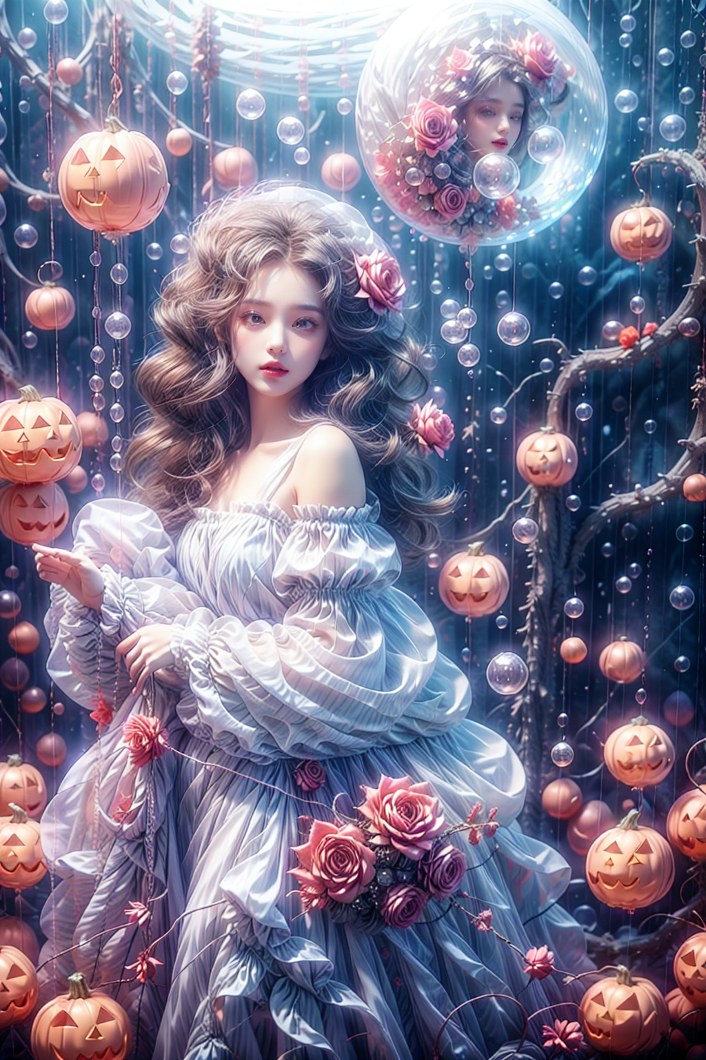 03644-2721926301-in a surreal photo,real person,shoot,1girl,quite,pumpkin,red rose,complex layering,depth of field,the whole body,standing,((myst.png